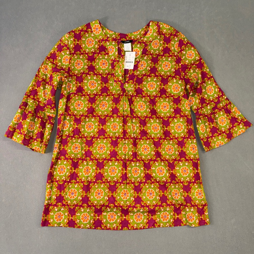 J.Crew Womens Cotton Medallion Floral Bell Sleeve Tunic Top Pink Green S